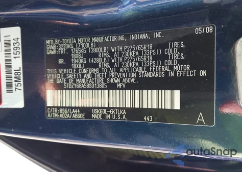 2008 Toyota Sequoia Limited 5.7L V8 z USA, uszkodzony, nr VIN 5TDZY68A58S013805